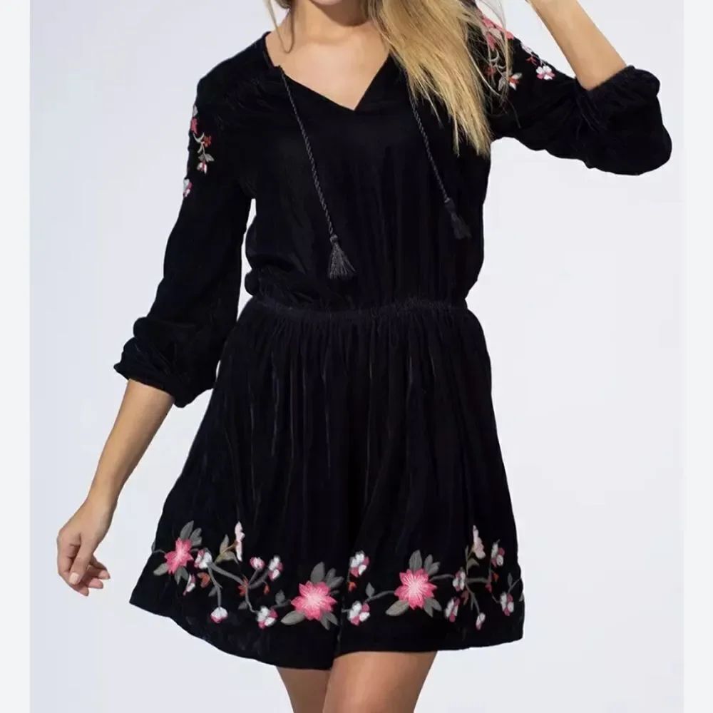A.N.A. Black Velvet A-Line Dress with Flowers